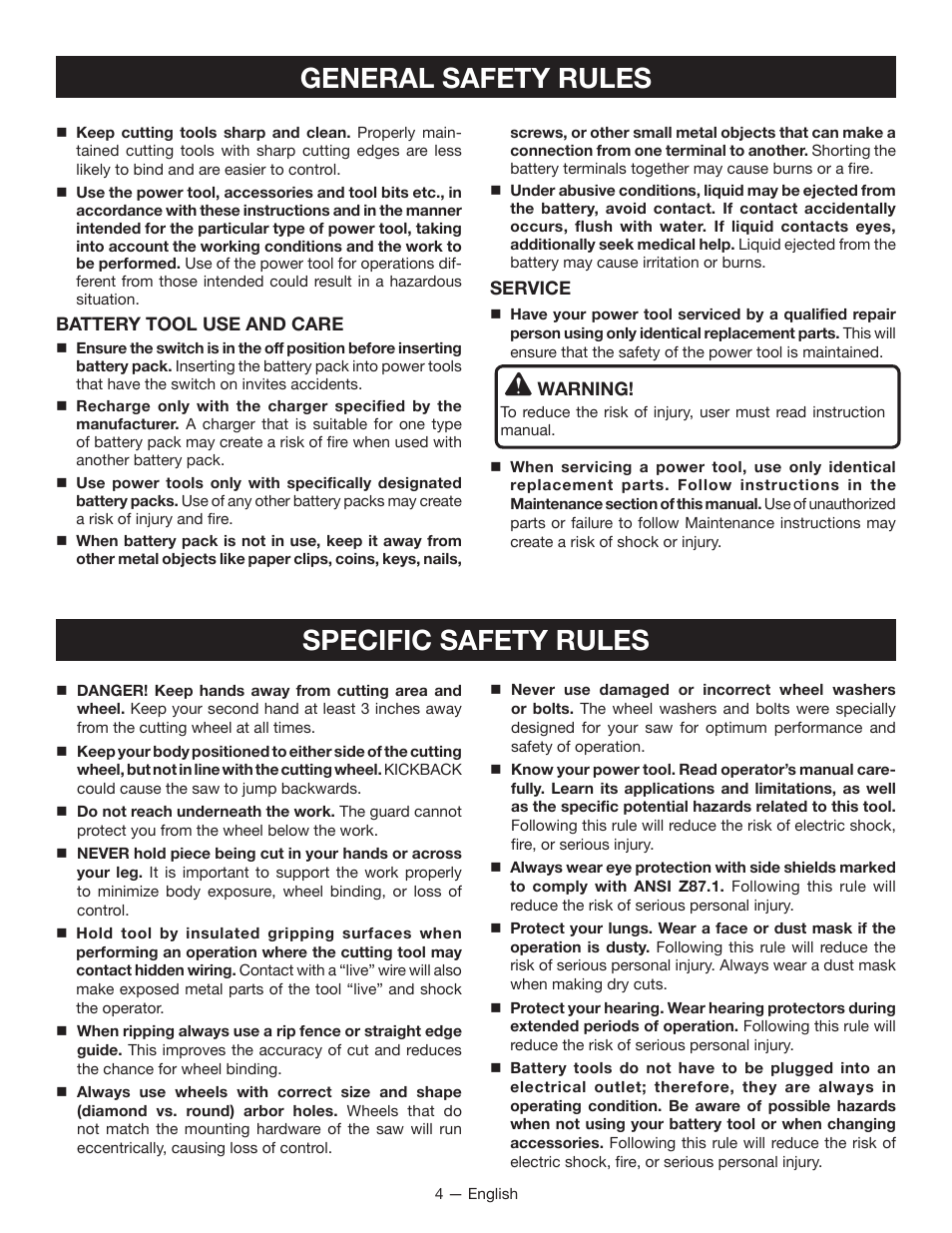 General safety rules specific safety rules | Ryobi P580 User Manual | Page 4 / 40
