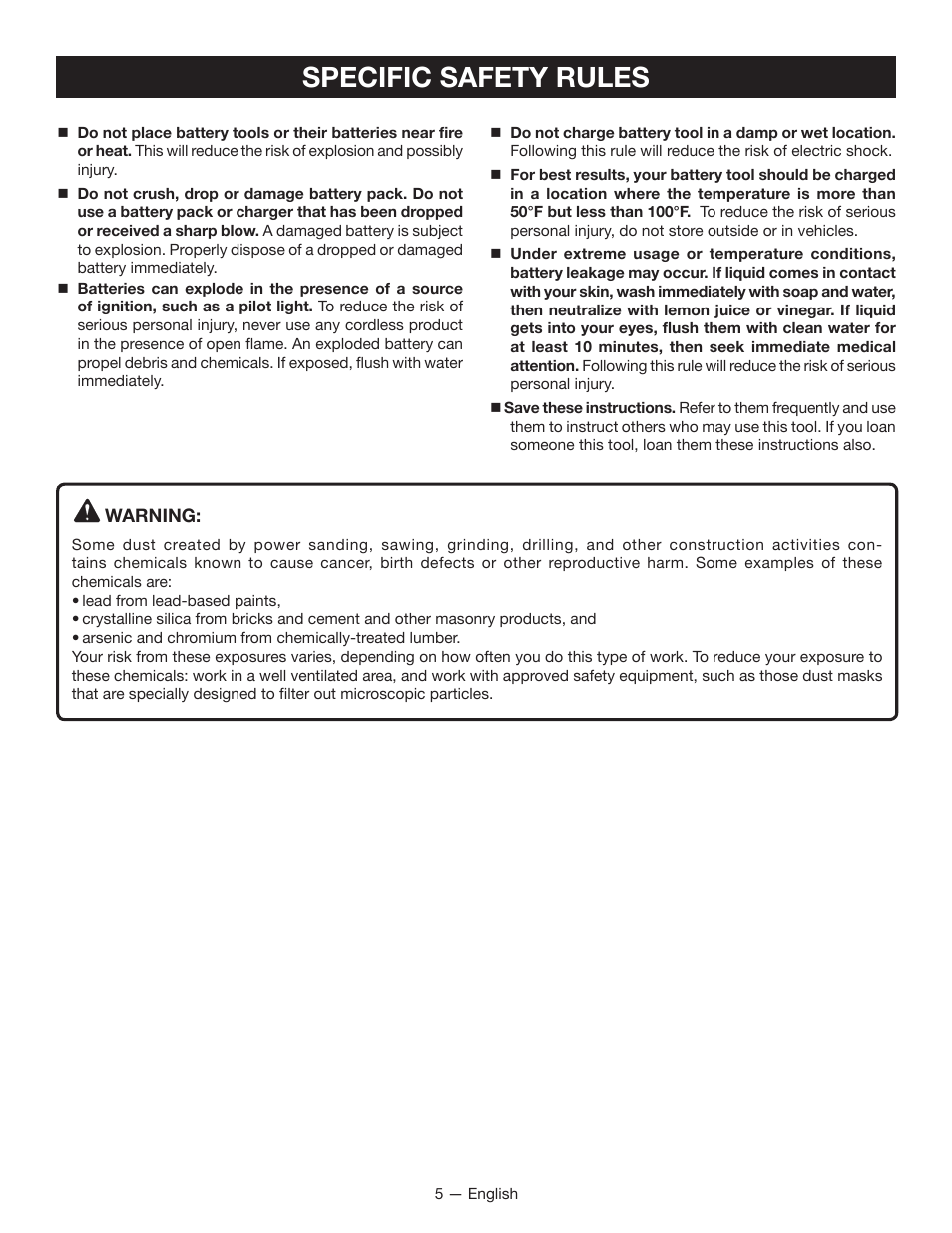 Specific safety rules | Ryobi P580 User Manual | Page 5 / 40