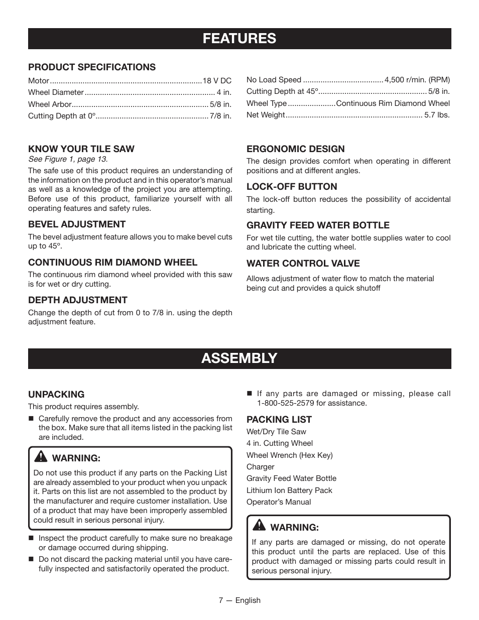 Features, Assembly | Ryobi P580 User Manual | Page 7 / 40