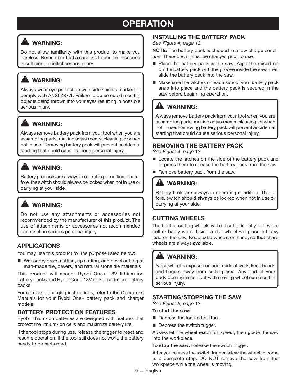 Operation | Ryobi P580 User Manual | Page 9 / 40