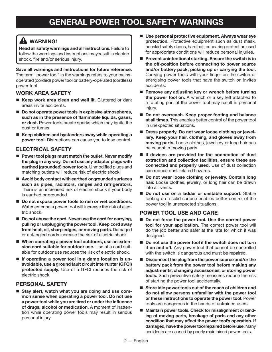 General power tool safety warnings | Ryobi TC401 User Manual | Page 2 / 44