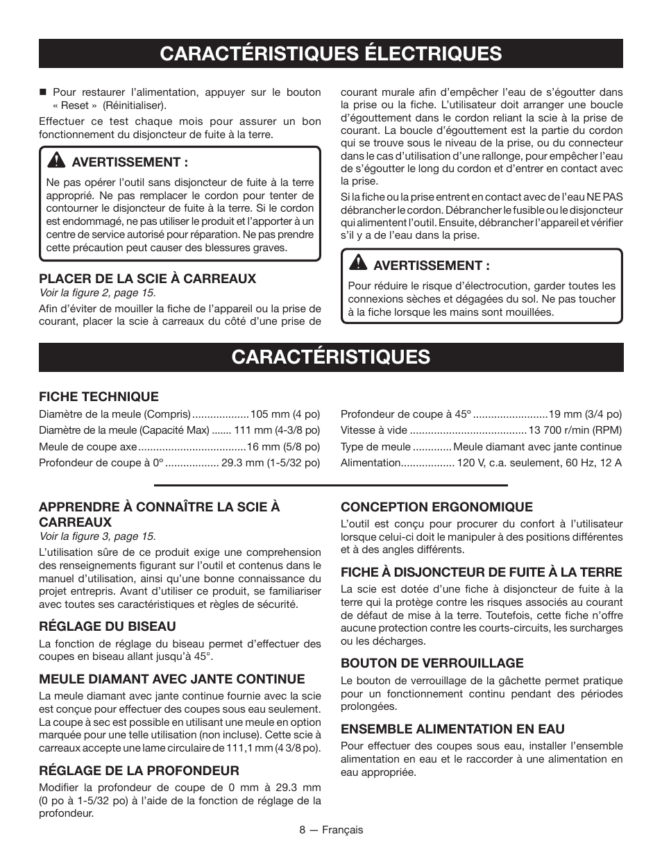 Caractéristiques, Caractéristiques électriques | Ryobi TC401 User Manual | Page 21 / 44