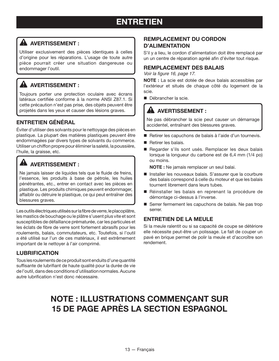 Entretien | Ryobi TC401 User Manual | Page 26 / 44