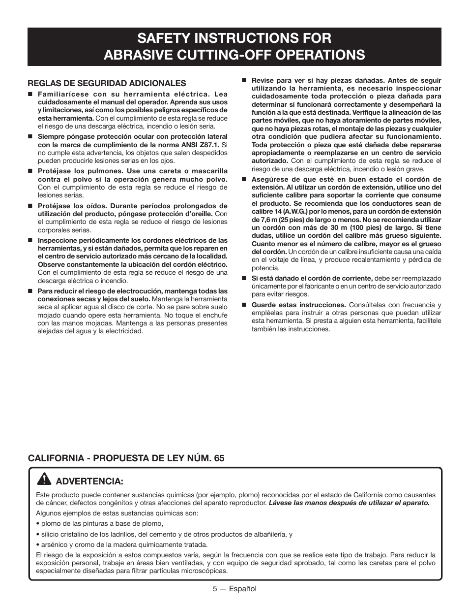 Advertencia, California - propuesta de ley núm. 65 | Ryobi TC401 User Manual | Page 31 / 44