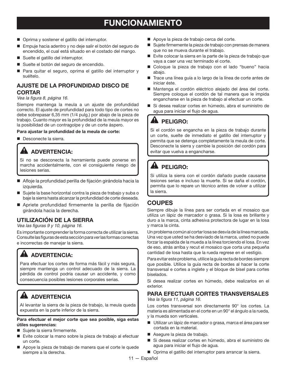 Funcionamiento, Coupes | Ryobi TC401 User Manual | Page 37 / 44