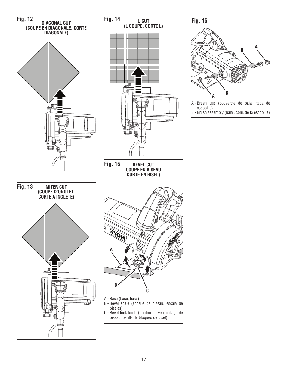 Fig. 16, Fig. 12, Fig. 13 | Fig. 14, Fig. 15 | Ryobi TC401 User Manual | Page 43 / 44