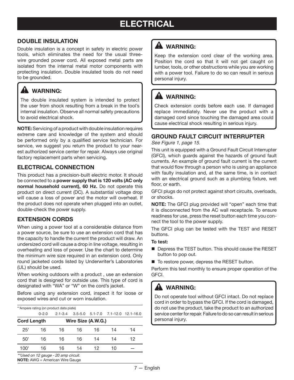Electrical | Ryobi TC401 User Manual | Page 7 / 44