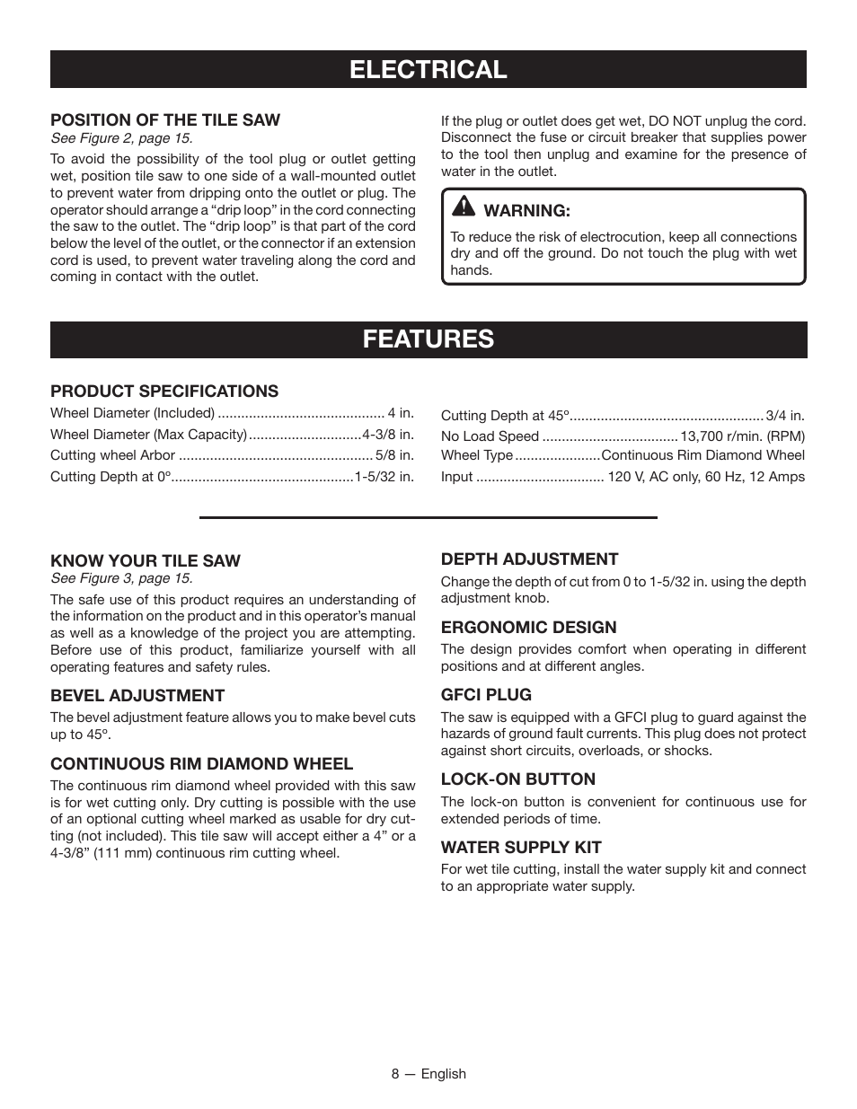 Features, Electrical | Ryobi TC401 User Manual | Page 8 / 44