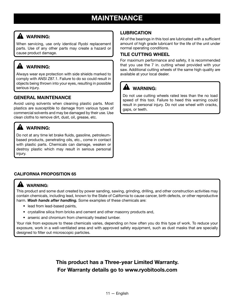 Maintenance | Ryobi WS722L User Manual | Page 11 / 36