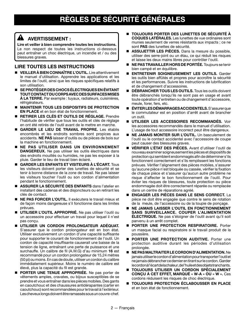 Règles de sécurité générales, Avertissement, Lire toutes les instructions | Ryobi WS722L User Manual | Page 12 / 36