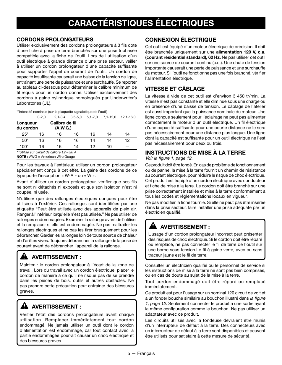 Caractéristiques électriques | Ryobi WS722L User Manual | Page 15 / 36