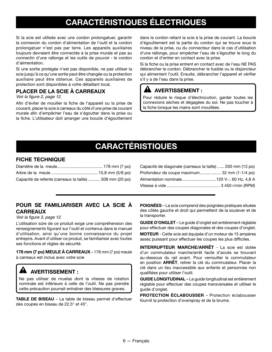 Caractéristiques électriques, Caractéristiques | Ryobi WS722L User Manual | Page 16 / 36