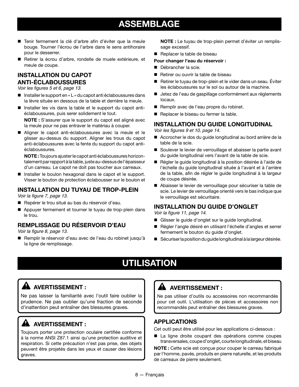 Assemblage, Utilisation | Ryobi WS722L User Manual | Page 18 / 36