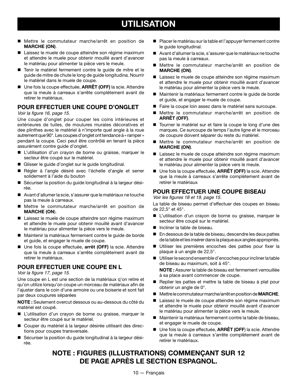 Utilisation, Pour effectuer une coupe d’onglet, Pour effectuer une coupe en l | Pour effectuer une coupe biseau | Ryobi WS722L User Manual | Page 20 / 36