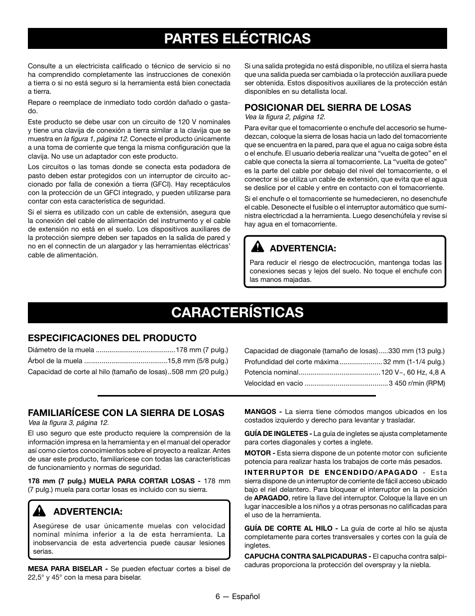 Partes eléctricas, Características | Ryobi WS722L User Manual | Page 26 / 36