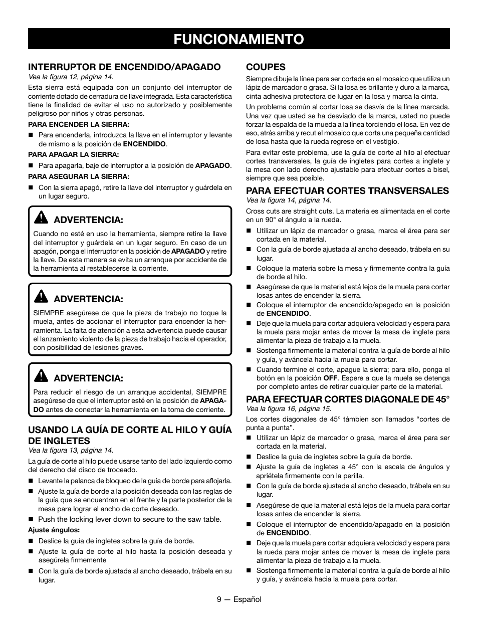 Funcionamiento, Interruptor de encendido/apagado, Advertencia | Usando la guía de corte al hilo y guía de ingletes, Coupes, Para efectuar cortes transversales, Para efectuar cortes diagonale de 45 | Ryobi WS722L User Manual | Page 29 / 36