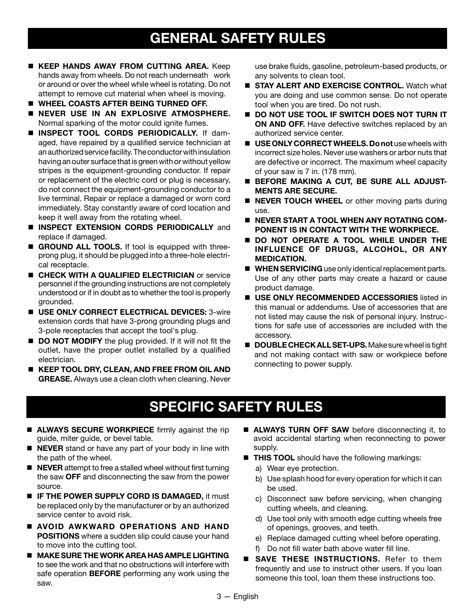 General safety rules, Specific safety rules | Ryobi WS722L User Manual | Page 3 / 36