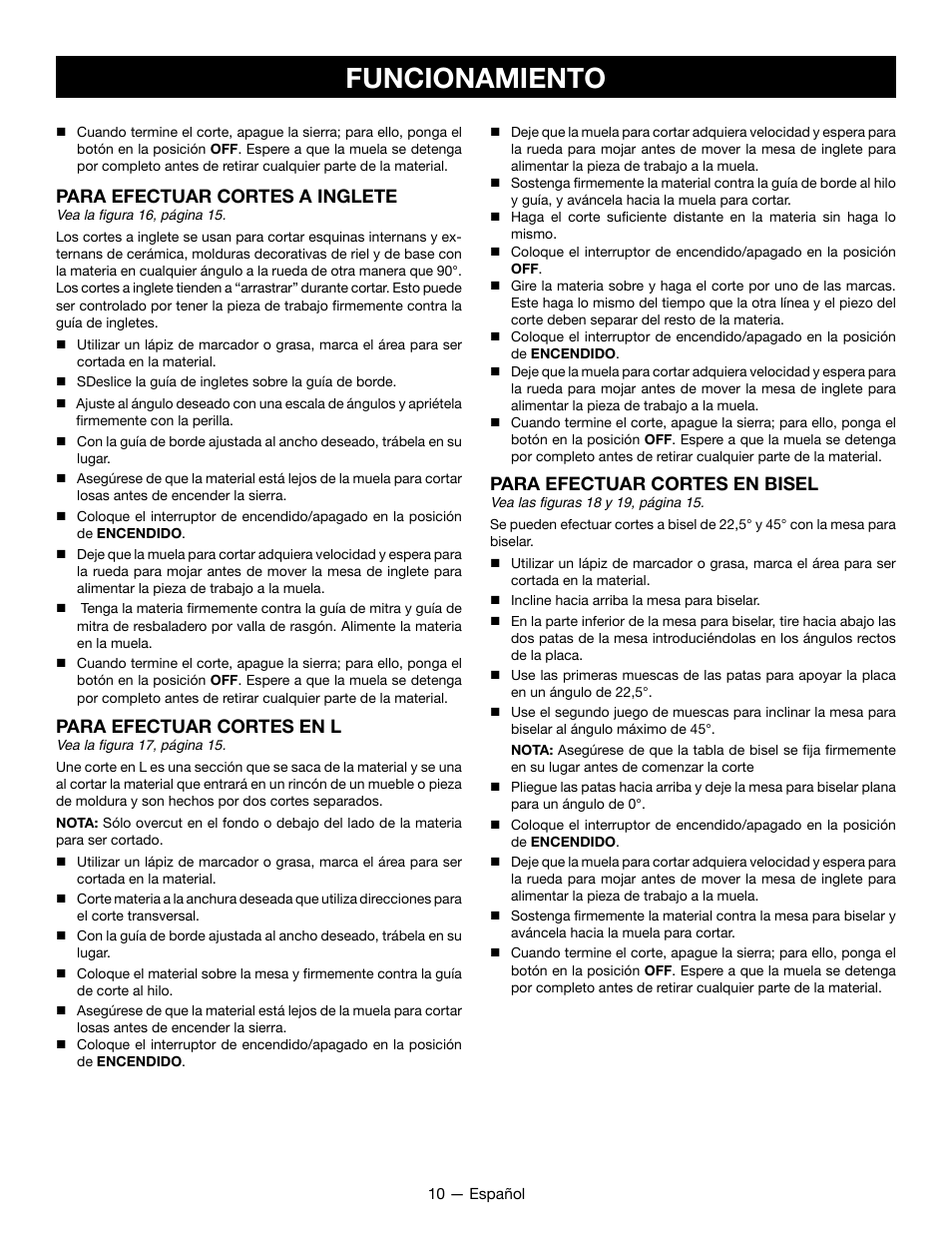 Funcionamiento, Para efectuar cortes a inglete, Para efectuar cortes en l | Para efectuar cortes en bisel | Ryobi WS722L User Manual | Page 30 / 36