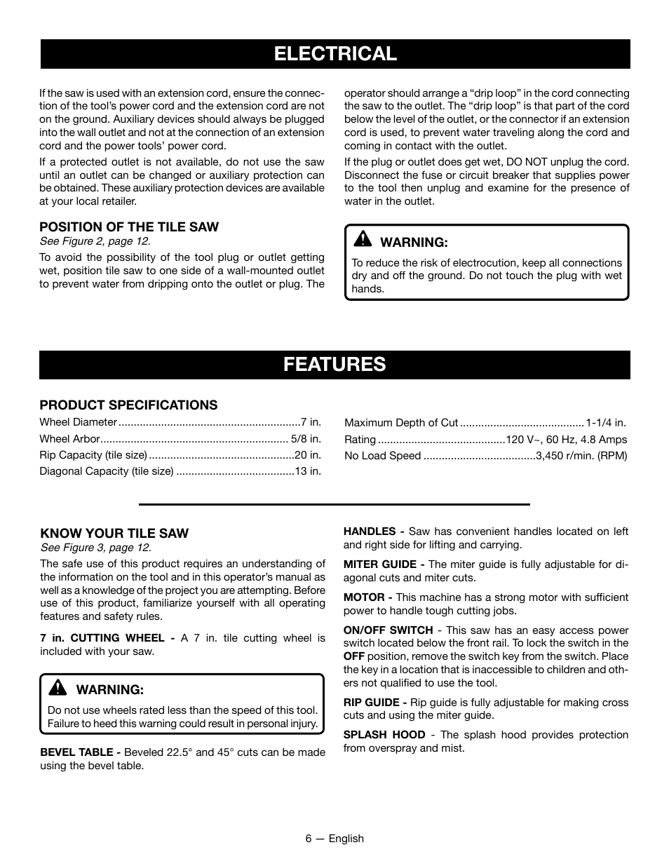 Electrical, Features | Ryobi WS722L User Manual | Page 6 / 36