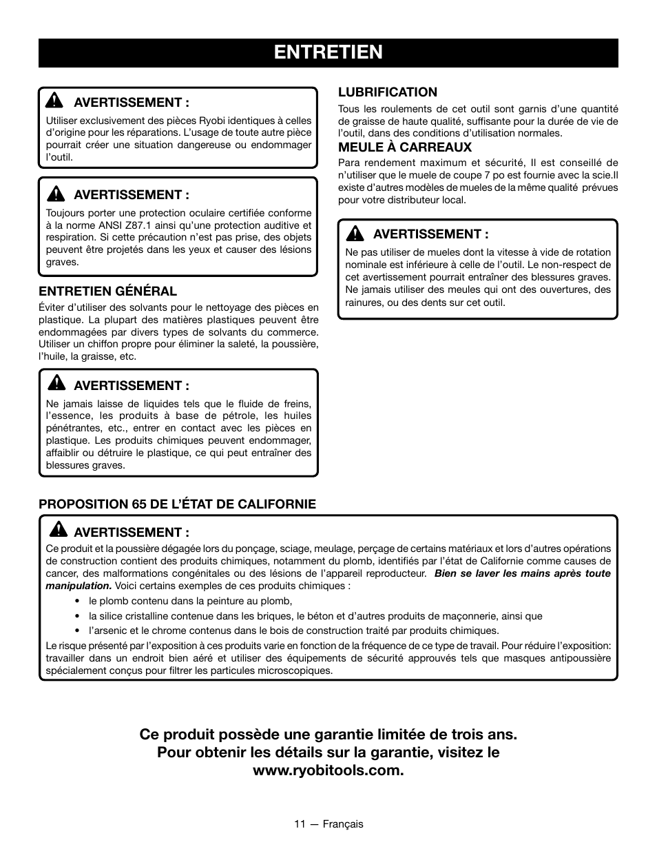 Entretien | Ryobi WS722L User Manual | Page 21 / 36