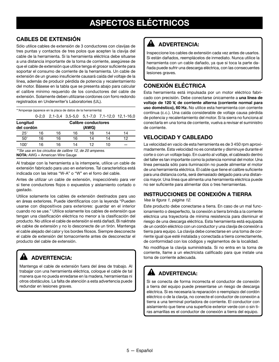 Aspectos eléctricos | Ryobi WS722L User Manual | Page 25 / 36