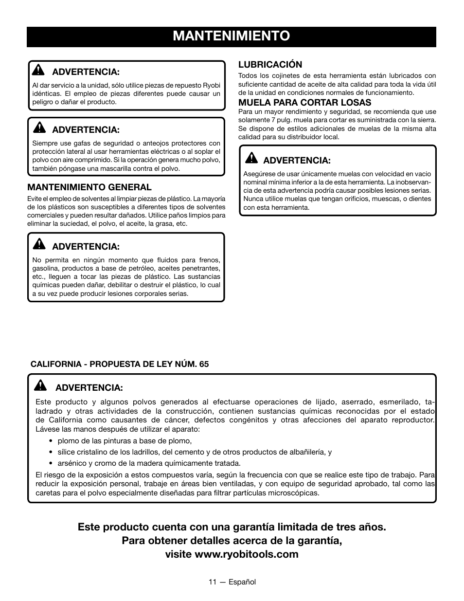 Mantenimiento | Ryobi WS722L User Manual | Page 31 / 36