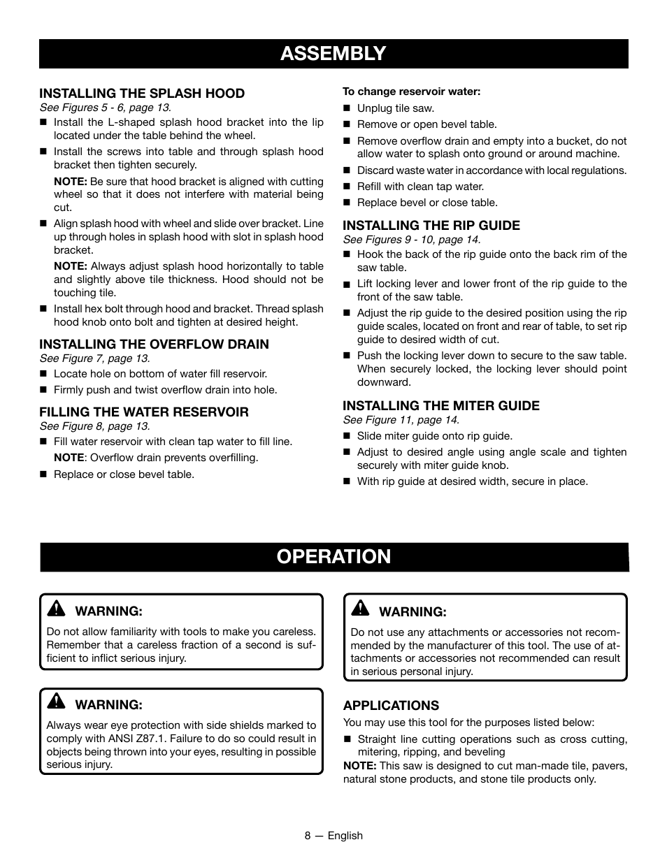 Assembly, Operation | Ryobi WS722L User Manual | Page 8 / 36