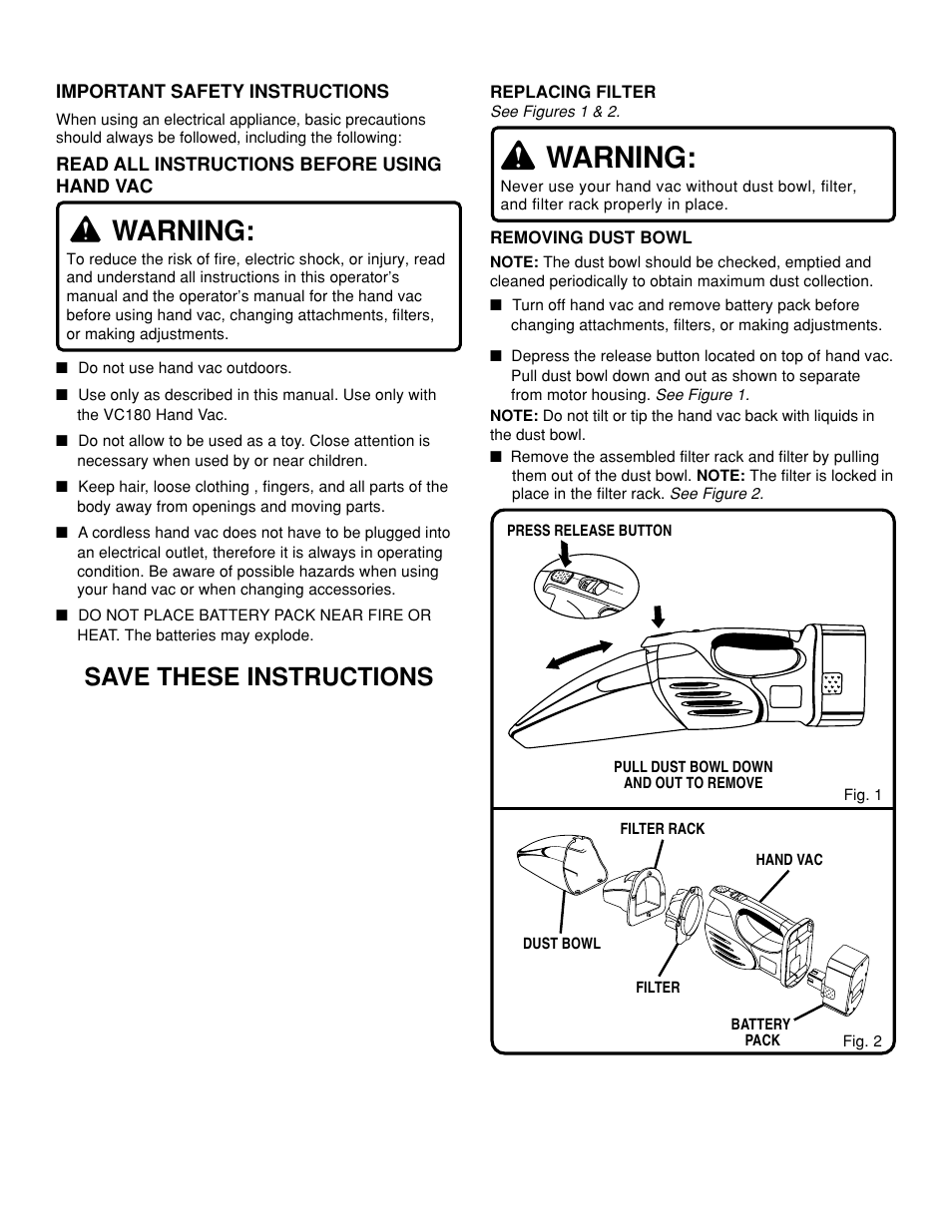 Warning, Save these instructions | Ryobi AC32VC09 User Manual | Page 2 / 3