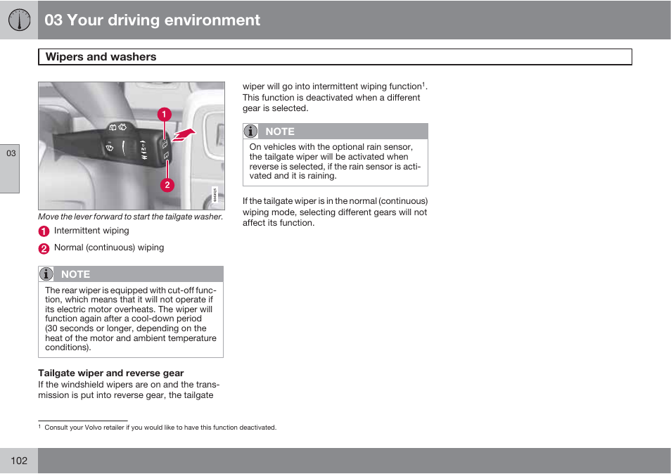 03 your driving environment, Wipers and washers | Volvo 2013 XC70 User Manual | Page 104 / 382