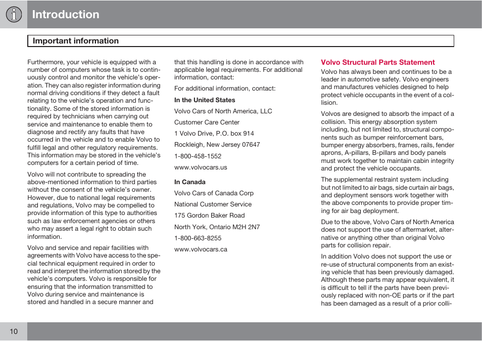 Introduction | Volvo 2013 XC70 User Manual | Page 12 / 382