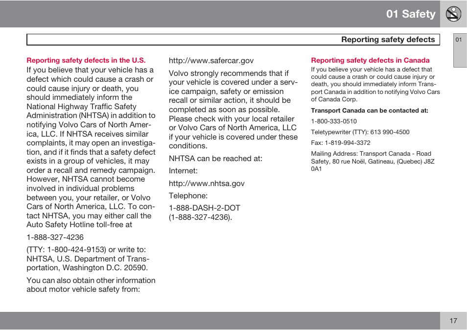 01 safety | Volvo 2013 XC70 User Manual | Page 19 / 382