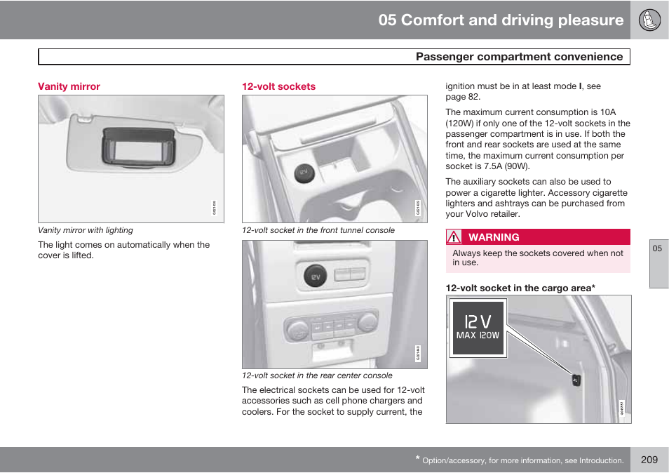 05 comfort and driving pleasure, Passenger compartment convenience | Volvo 2013 XC70 User Manual | Page 211 / 382