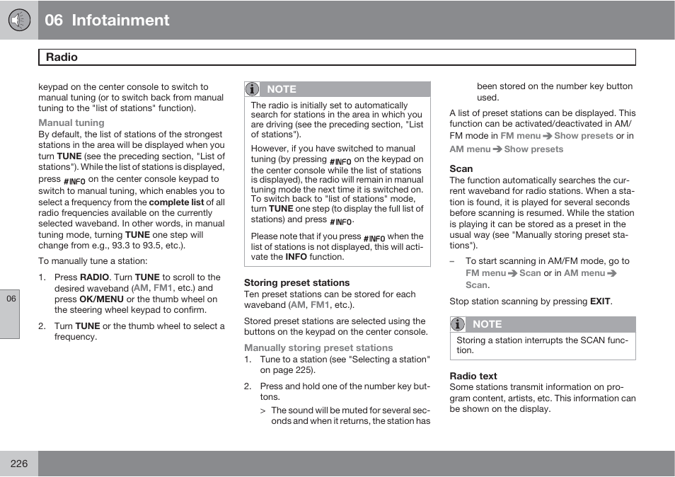 06 infotainment, Radio | Volvo 2013 XC70 User Manual | Page 228 / 382