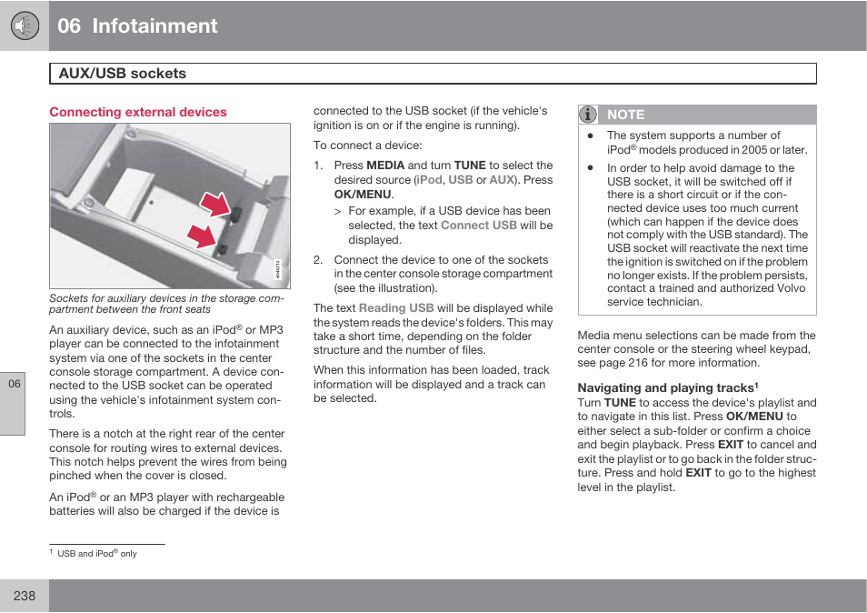 06 infotainment, Aux/usb sockets | Volvo 2013 XC70 User Manual | Page 240 / 382