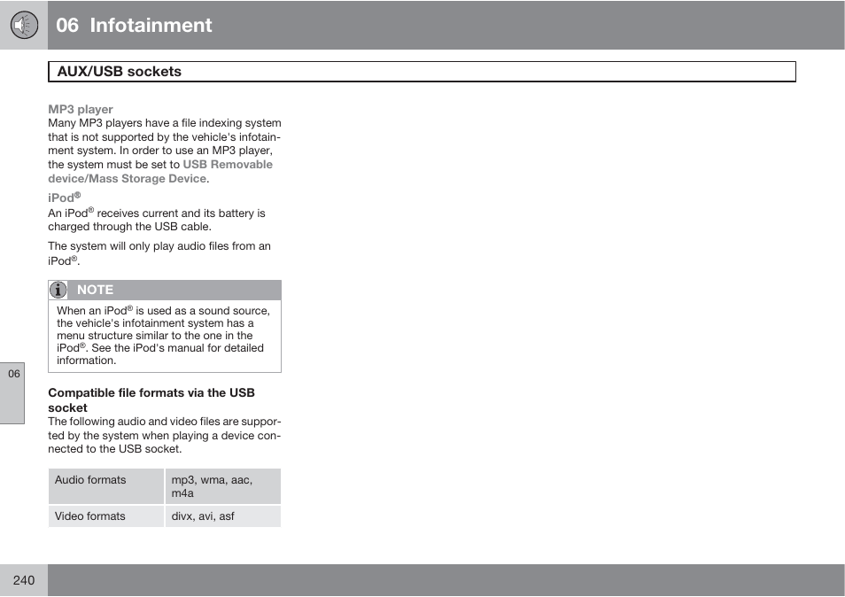 06 infotainment, Aux/usb sockets | Volvo 2013 XC70 User Manual | Page 242 / 382