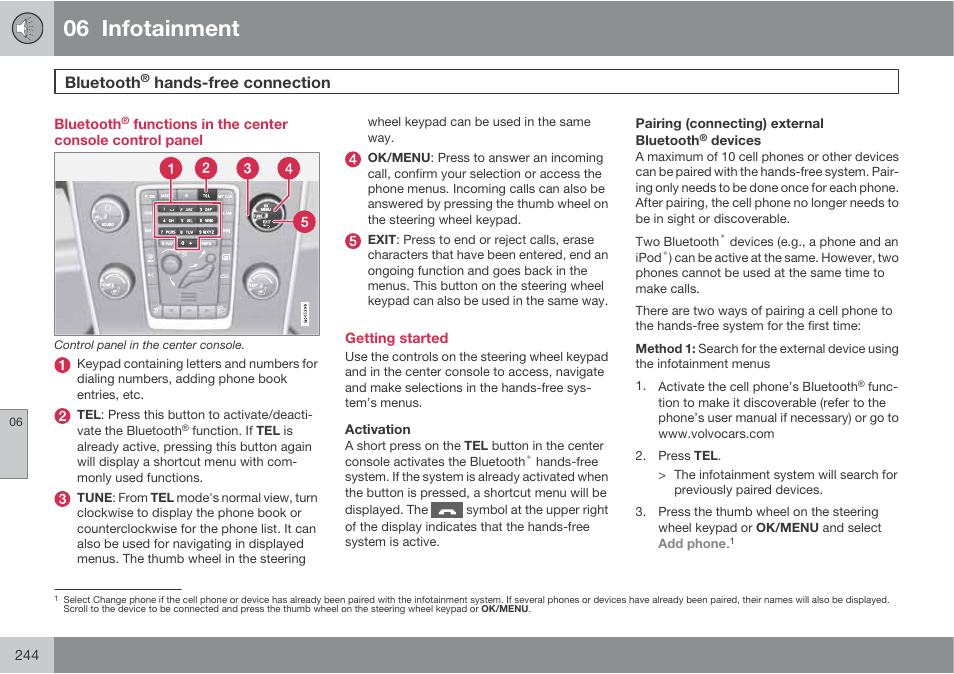 06 infotainment, Bluetooth, Hands-free connection | Volvo 2013 XC70 User Manual | Page 246 / 382