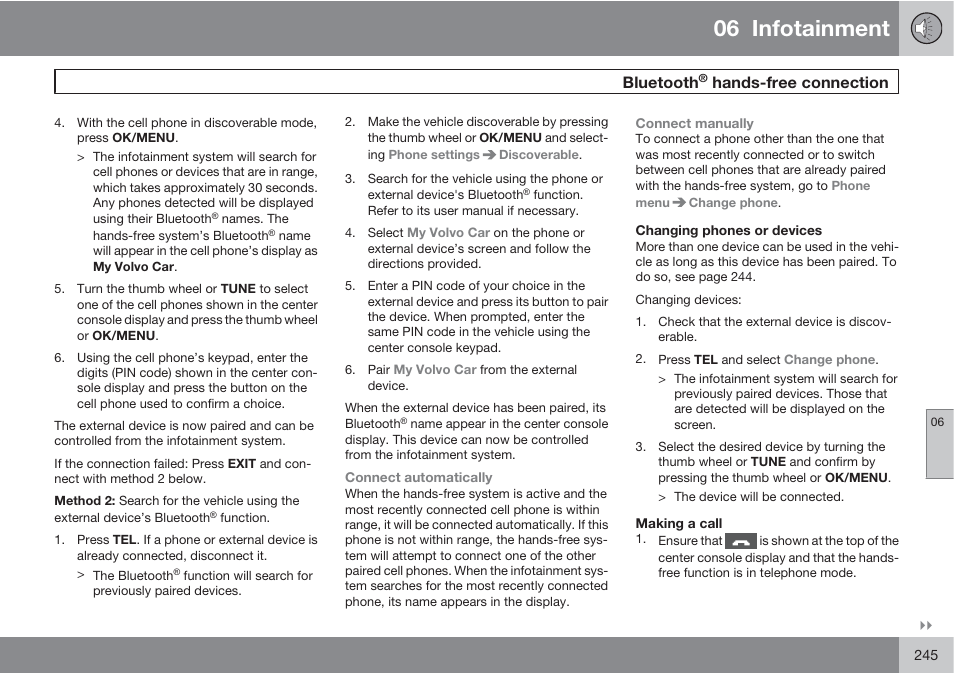 06 infotainment, Bluetooth, Hands-free connection | Volvo 2013 XC70 User Manual | Page 247 / 382