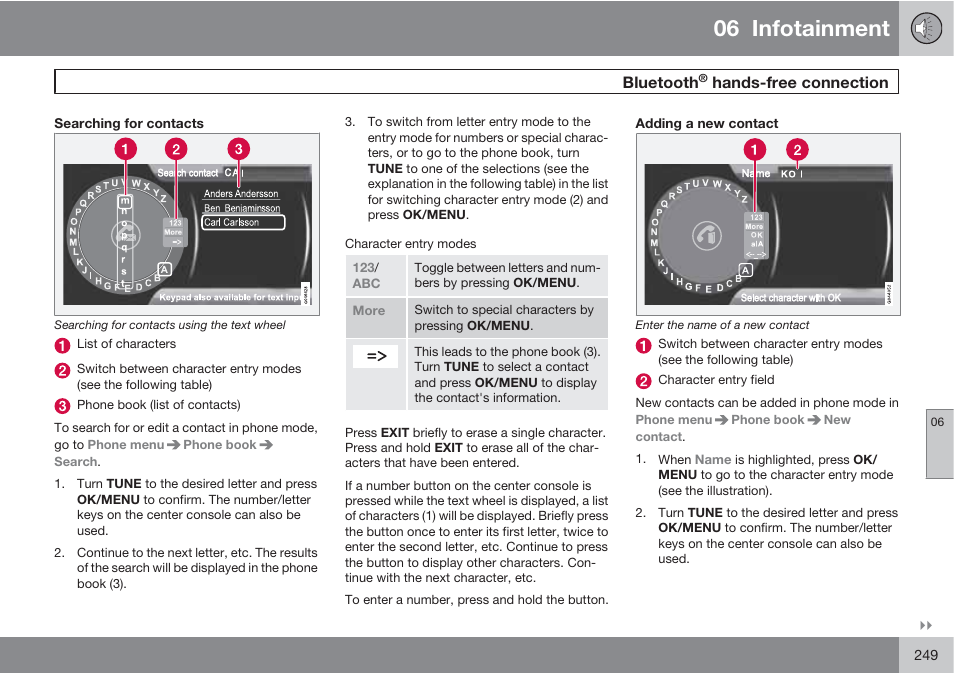 06 infotainment, Bluetooth, Hands-free connection | Volvo 2013 XC70 User Manual | Page 251 / 382