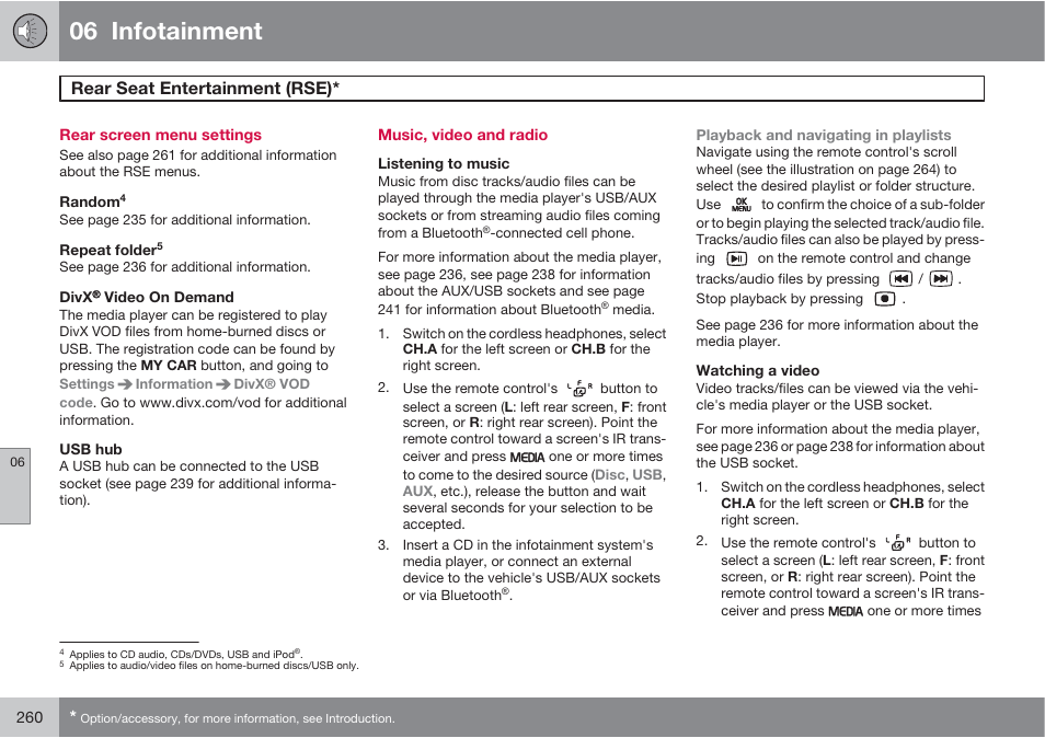 06 infotainment, Rear seat entertainment (rse) | Volvo 2013 XC70 User Manual | Page 262 / 382