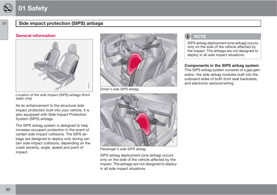 01 safety, Side impact protection (sips) airbags | Volvo 2013 XC70 User Manual | Page 32 / 382