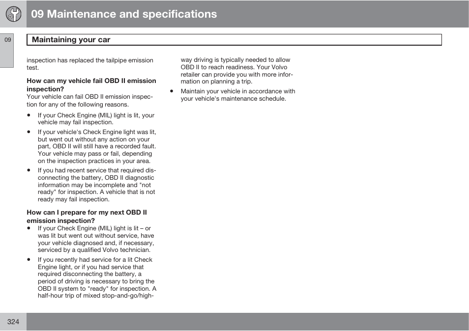 09 maintenance and specifications | Volvo 2013 XC70 User Manual | Page 326 / 382