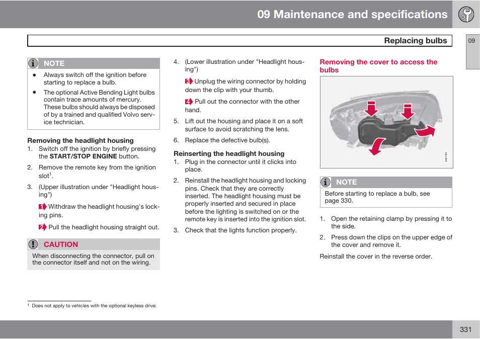 09 maintenance and specifications, Replacing bulbs | Volvo 2013 XC70 User Manual | Page 333 / 382