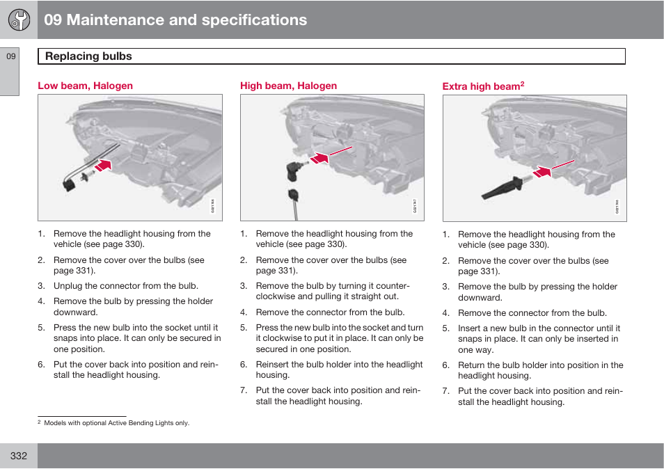 09 maintenance and specifications, Replacing bulbs | Volvo 2013 XC70 User Manual | Page 334 / 382