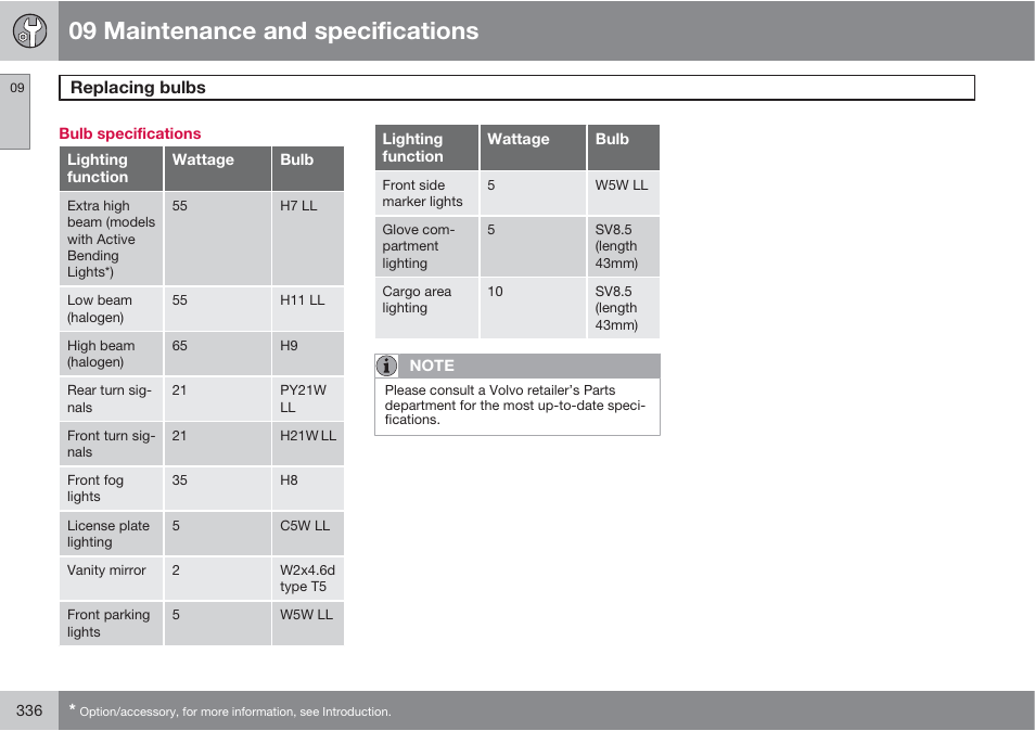 09 maintenance and specifications | Volvo 2013 XC70 User Manual | Page 338 / 382