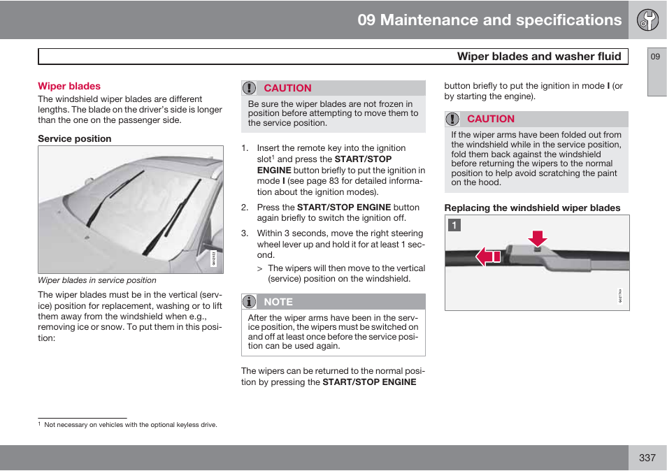 09 maintenance and specifications, Wiper blades and washer fluid | Volvo 2013 XC70 User Manual | Page 339 / 382