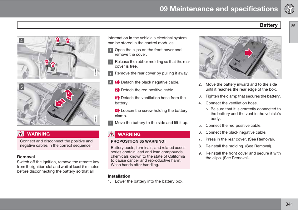 09 maintenance and specifications, Battery | Volvo 2013 XC70 User Manual | Page 343 / 382