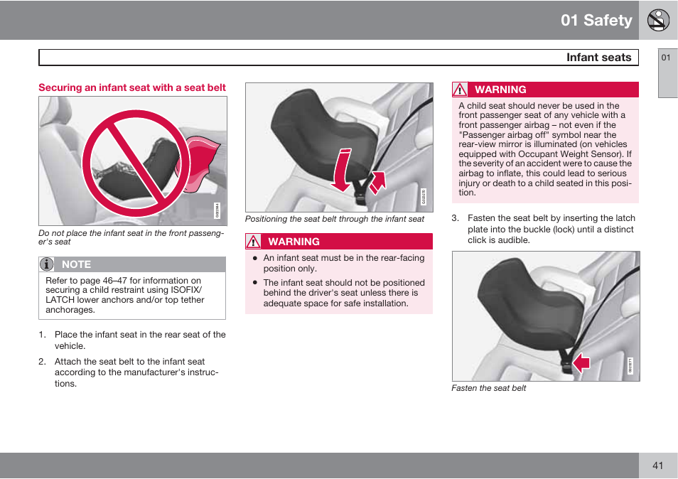 01 safety, Infant seats | Volvo 2013 XC70 User Manual | Page 43 / 382