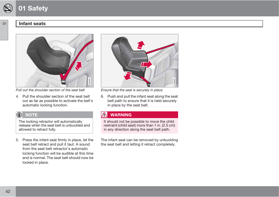 01 safety, Infant seats | Volvo 2013 XC70 User Manual | Page 44 / 382