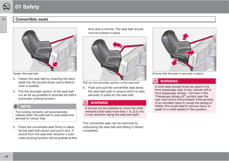 01 safety, Convertible seats | Volvo 2013 XC70 User Manual | Page 46 / 382