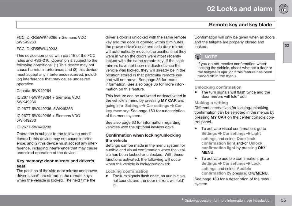 02 locks and alarm | Volvo 2013 XC70 User Manual | Page 57 / 382